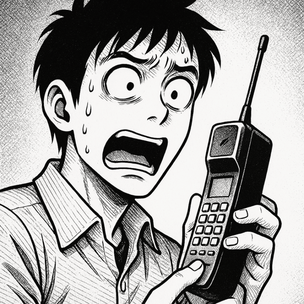 Homme en style manga noir et blanc avec une expression de peur tenant un vieux téléphone portable à antenne