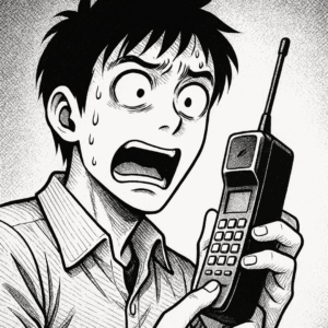 Homme en style manga noir et blanc avec une expression de peur tenant un vieux téléphone portable à antenne