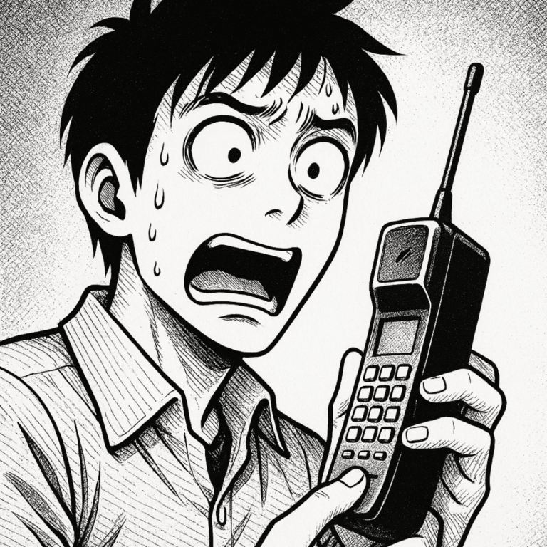 Homme en style manga noir et blanc avec une expression de peur tenant un vieux téléphone portable à antenne
